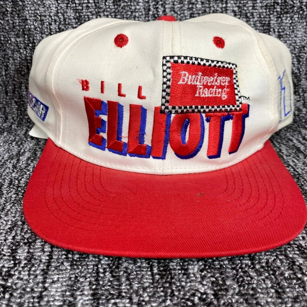 Vtg Bill Elliott Budweiser Racing Snapback Hat Checkered Flag Sports NASCAR Cap